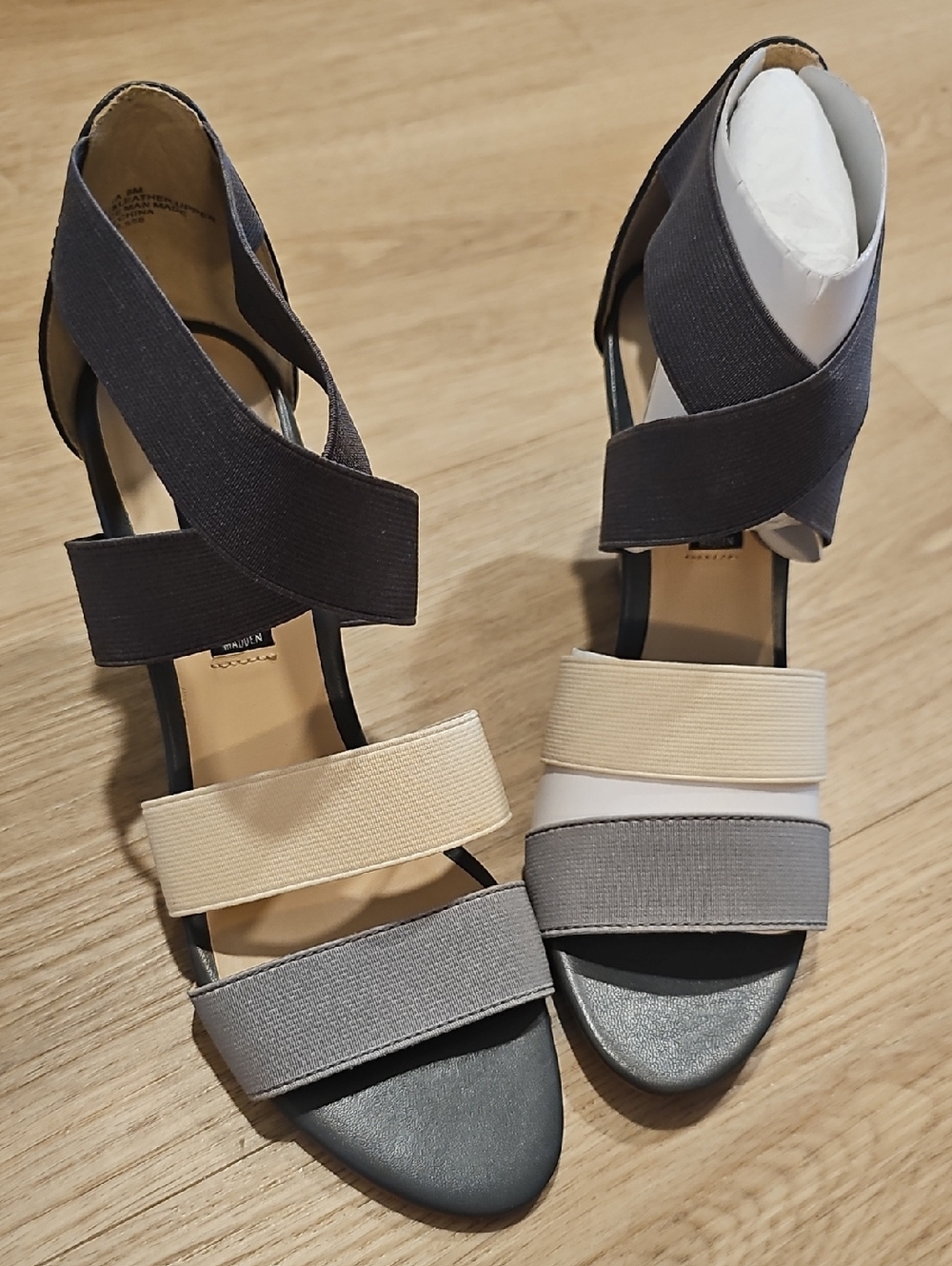 Steven By Steve Madden Tri-Band Elastic Strappy Heels in Black, Gray, and Cream